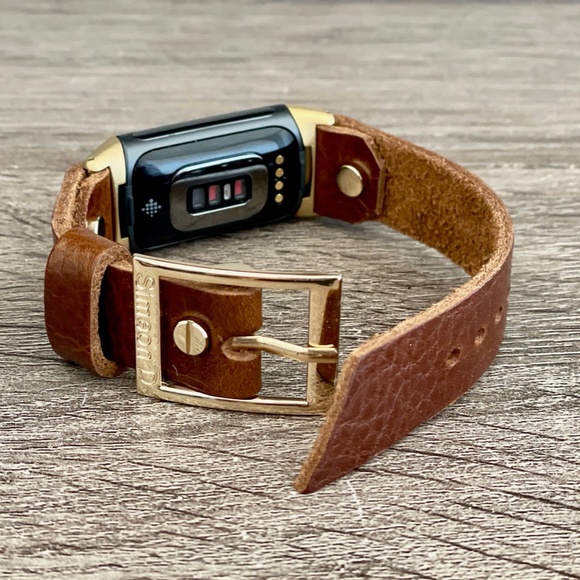 Brown Grain Leather Gold Jewelry Fitbit Charge 5 Band Women Strap Bracelet - Picture 3 of 8